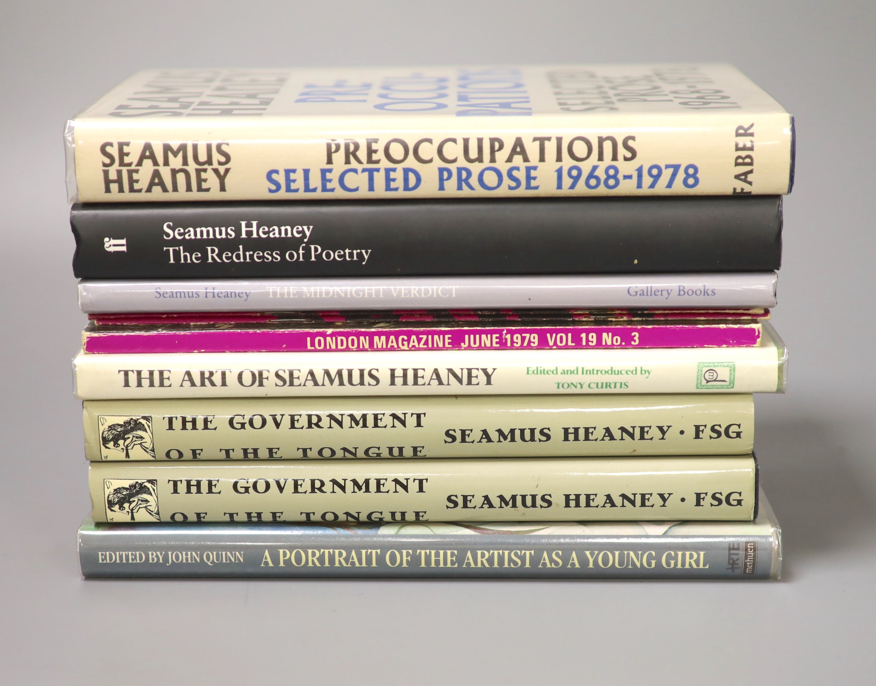 Heaney, Seamus. The Midnight Verdict. First Edition. d/wrapper. 1993; Preoccupations: selected prose, 1968-1978. d/wrapper. 1980; with seven others by this author